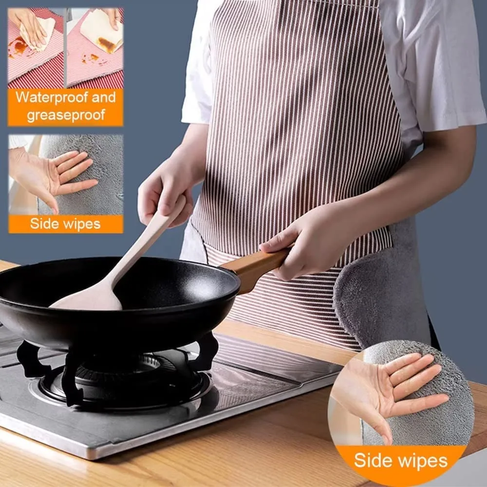 198 Cooking Apron Chef Apron Waterproof and Oil-Proof Cooking Kitchen Apron with Pocket and 2 Side Coral Velvet Towels for Hands Wiping - Image 2