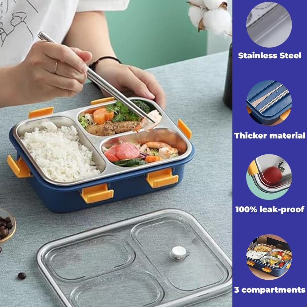 3 Compartment Stainless Steel Lunch Box, Leakage Proof Lunch Box for School Kids and Adults Pack of 1, Multi Colour750ML - Image 5