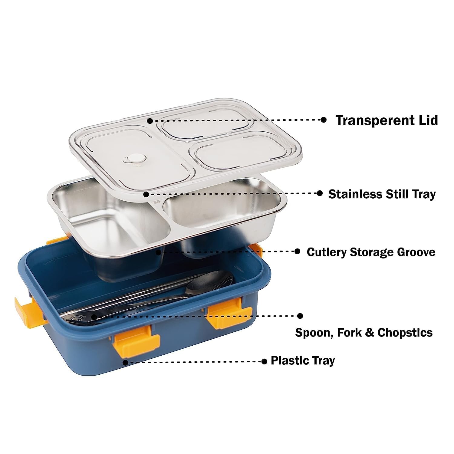 3 Compartment Stainless Steel Lunch Box, Leakage Proof Lunch Box for School Kids and Adults Pack of 1, Multi Colour750ML - Image 2