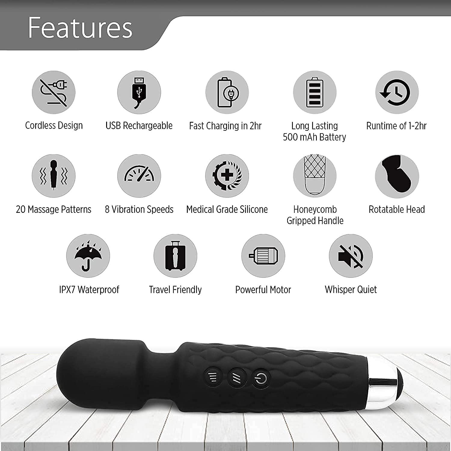 Personal Body Massager with 20+ Vibration Modes Rechargeable, Handheld, Cordless Waterproof & Easy to Clean | For Women and Men | Flexible Head - (Multicolor) - Image 3