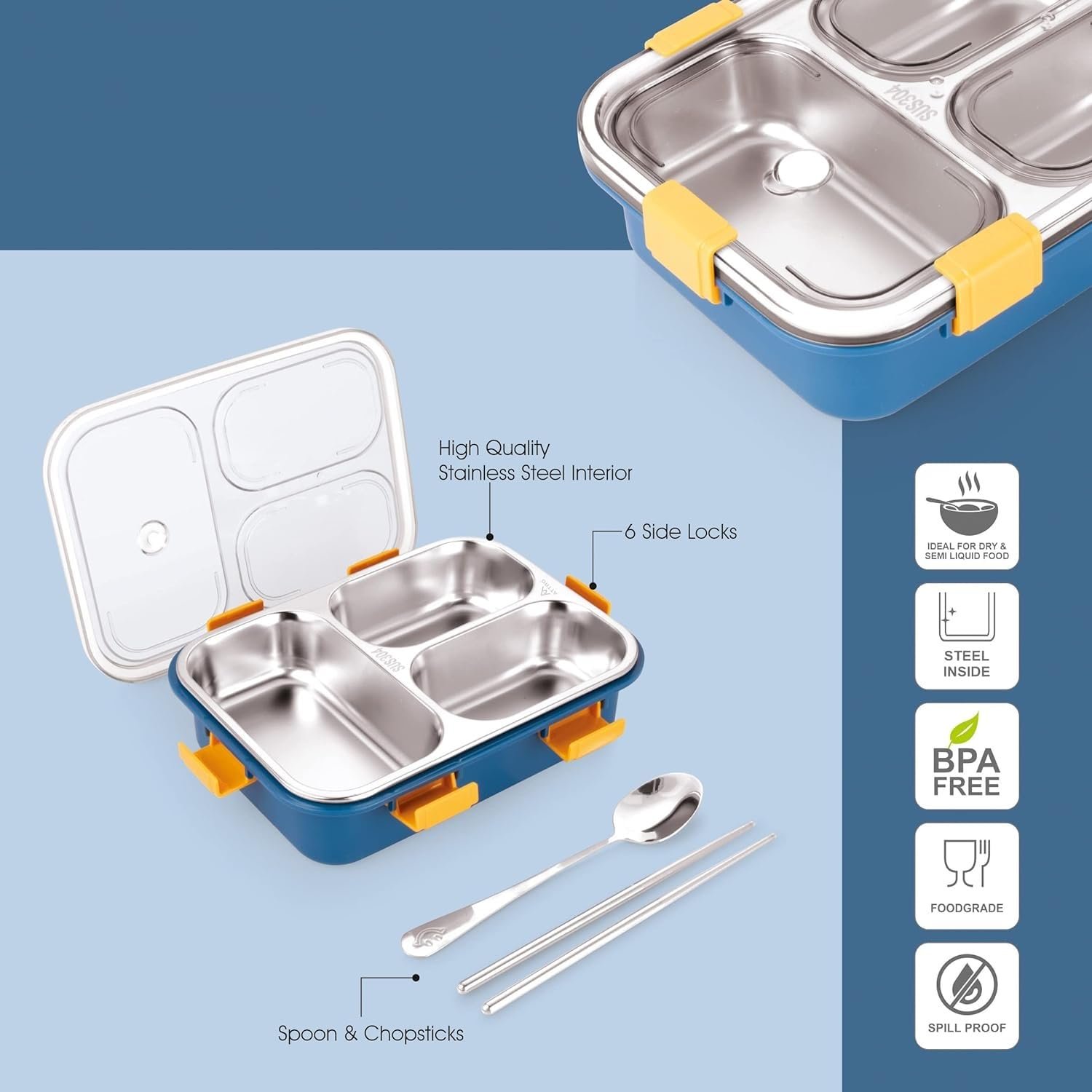 3 Compartment Stainless Steel Lunch Box, Leakage Proof Lunch Box for School Kids and Adults Pack of 1, Multi Colour750ML - Image 6