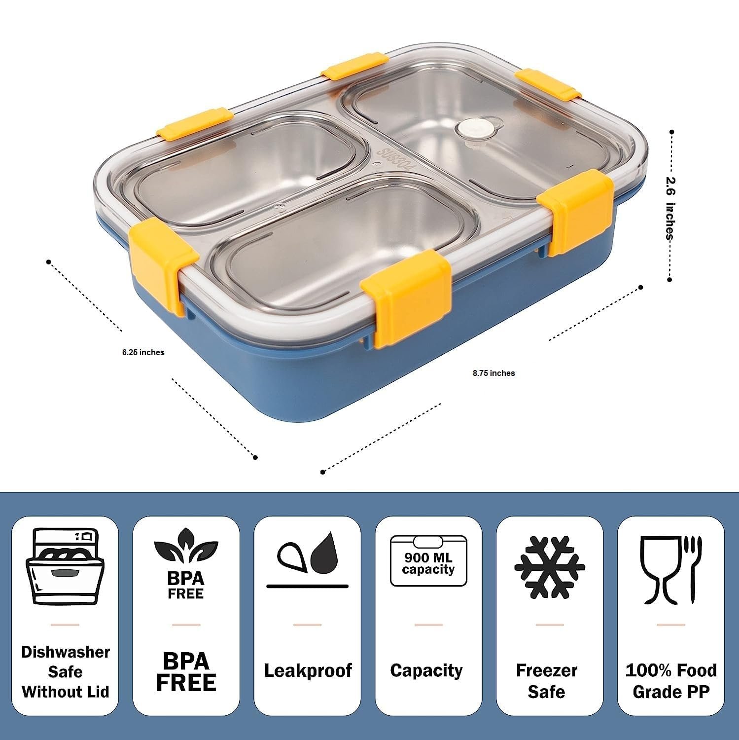 3 Compartment Stainless Steel Lunch Box, Leakage Proof Lunch Box for School Kids and Adults Pack of 1, Multi Colour750ML - Image 3