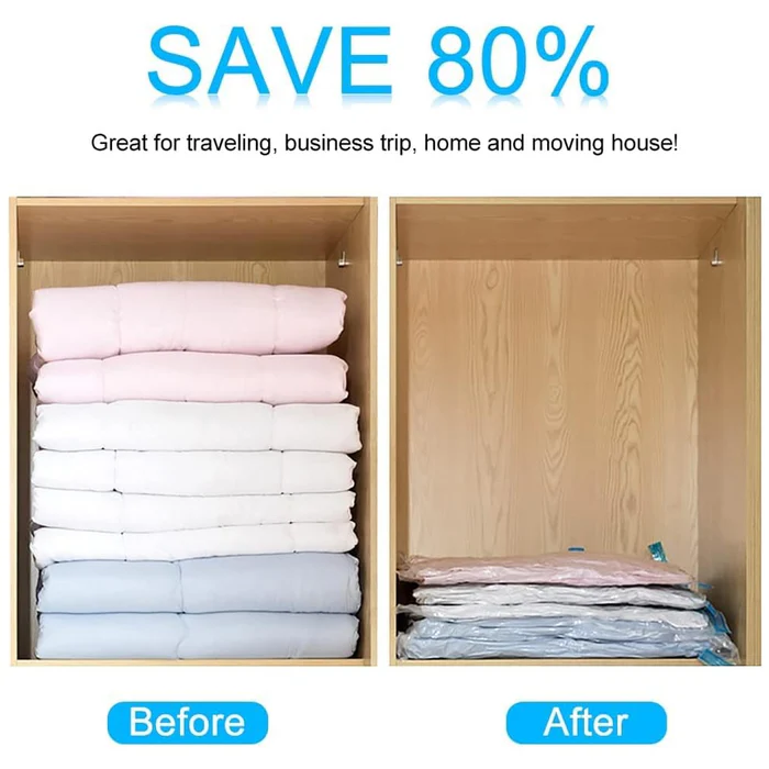 Vacuum Storage Bags with Suction Pump & Shirt clips - Vacuum Bags - Big Capacity Vacuum Seal Bags for Travel Clothes Blankets Pillows, Compression Bags | Space Saver Vacuum Storage Bags (5 Pcs Set) - Image 5
