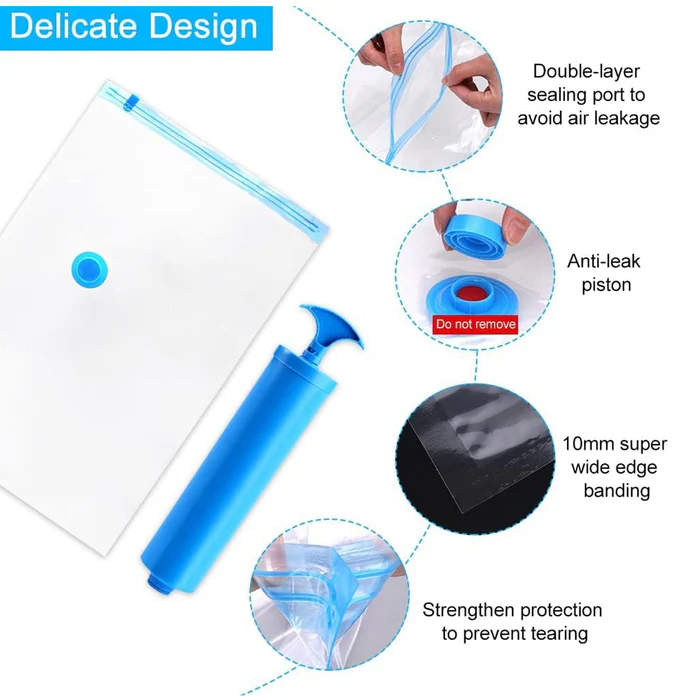 Vacuum Storage Bags with Suction Pump & Shirt clips - Vacuum Bags - Big Capacity Vacuum Seal Bags for Travel Clothes Blankets Pillows, Compression Bags | Space Saver Vacuum Storage Bags (5 Pcs Set) - Image 4
