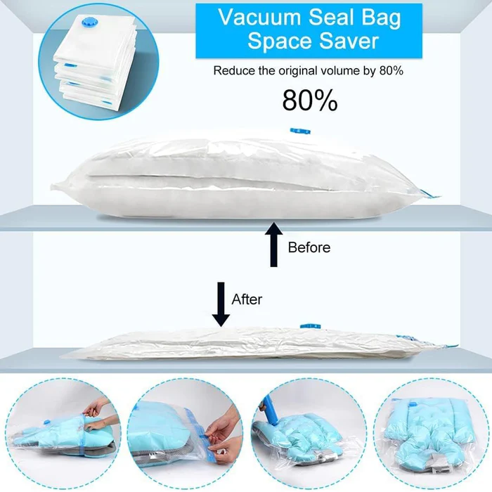 Vacuum Storage Bags with Suction Pump & Shirt clips - Vacuum Bags - Big Capacity Vacuum Seal Bags for Travel Clothes Blankets Pillows, Compression Bags | Space Saver Vacuum Storage Bags (5 Pcs Set) - Image 3