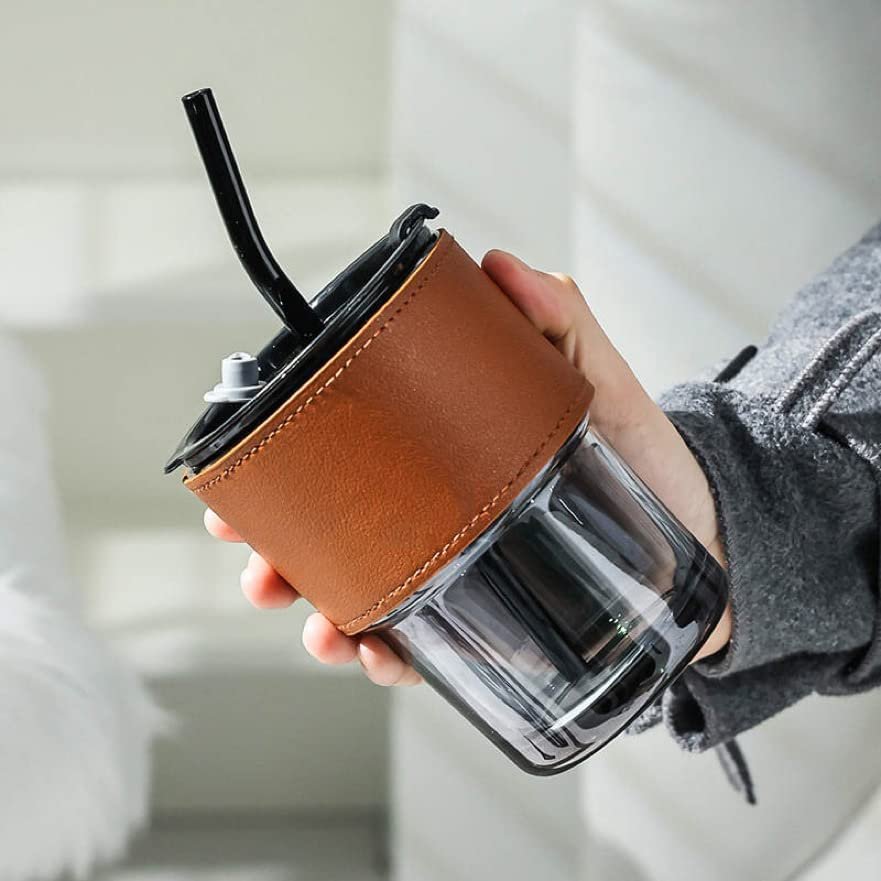 Glass Reusable Sipper Bottle with Leather Sleeve Glass Coffee Mug with Silicone Straw and Leakproof Lid Tumbler for Coffee,Tea, Milk Beverages 435ml…
