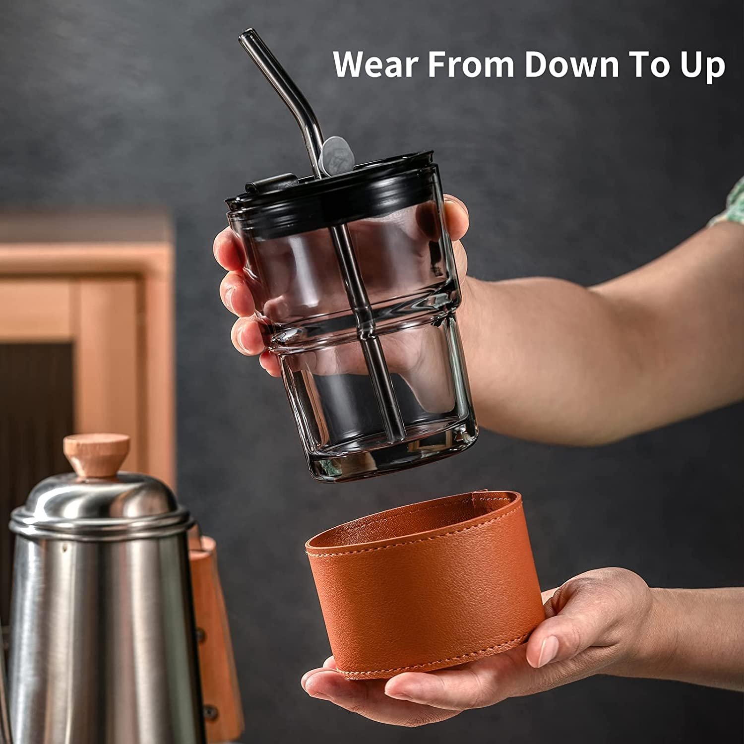 Glass Reusable Sipper Bottle with Leather Sleeve Glass Coffee Mug with Silicone Straw and Leakproof Lid Tumbler for Coffee,Tea, Milk Beverages 435ml… - Image 6
