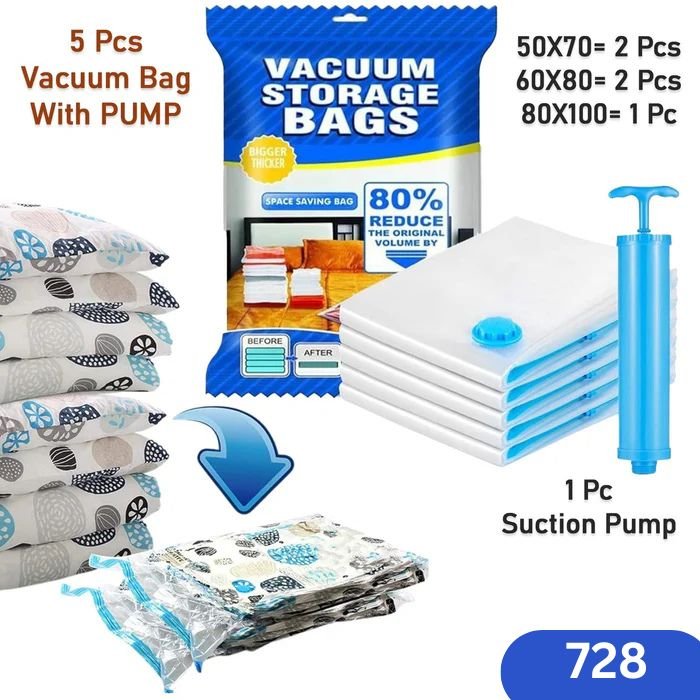 Vacuum Storage Bags with Suction Pump & Shirt clips - Vacuum Bags - Big Capacity Vacuum Seal Bags for Travel Clothes Blankets Pillows, Compression Bags | Space Saver Vacuum Storage Bags (5 Pcs Set)
