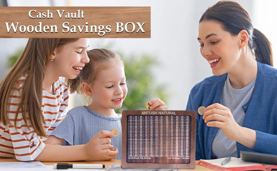 Natural Wooden Piggy Bank for Kids & Adults, Coin Box with Carved Design, Savings Box, Mini Bank, Smart Money Box, MDF Coin Box,Money Saver,With Marker Pen... - Image 8