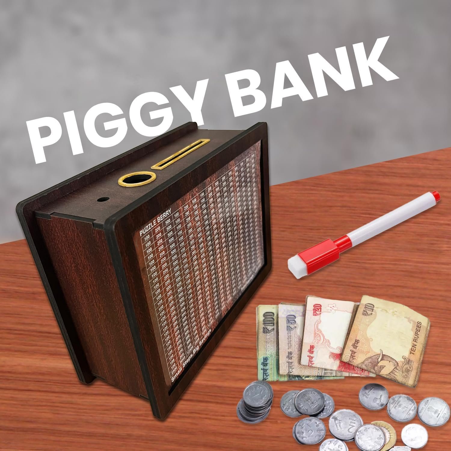 Natural Wooden Piggy Bank for Kids & Adults, Coin Box with Carved Design, Savings Box, Mini Bank, Smart Money Box, MDF Coin Box,Money Saver,With Marker Pen... - Image 2